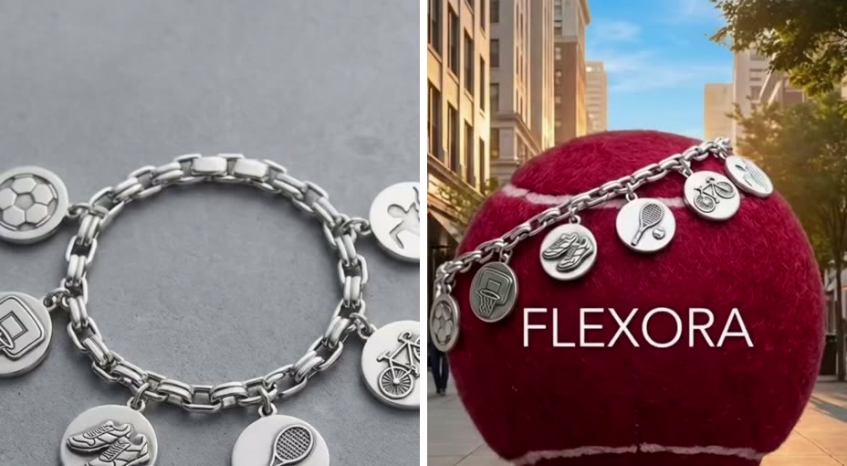 משמאל צמיד הקמעות של FLEXORA, ומימין אותו צמיד על כדור טניס ענק ברחוב