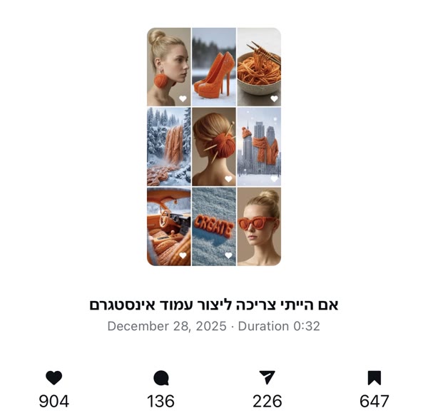 צילום מסך מהאינסטגרם: ריל הסריגה, 904 לייקים, 136 תגובות, 226 שיתופים, 647 שמירות